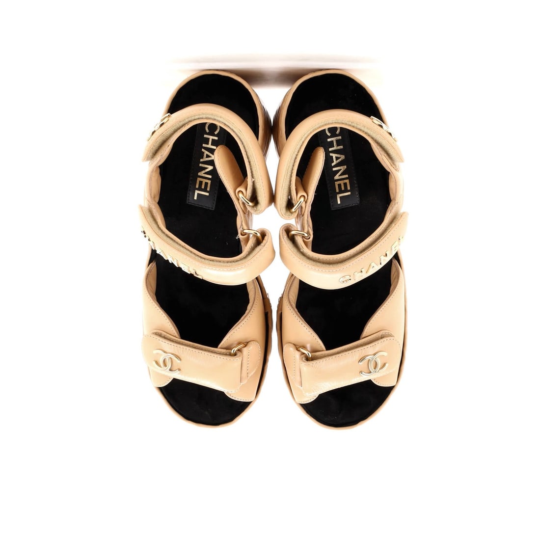 Leather Chanel Women's Logo Strap Wedge Sandals Quilted - 2