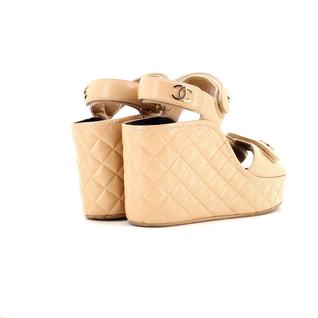 Leather Chanel Women's Logo Strap Wedge Sandals Quilted - 3