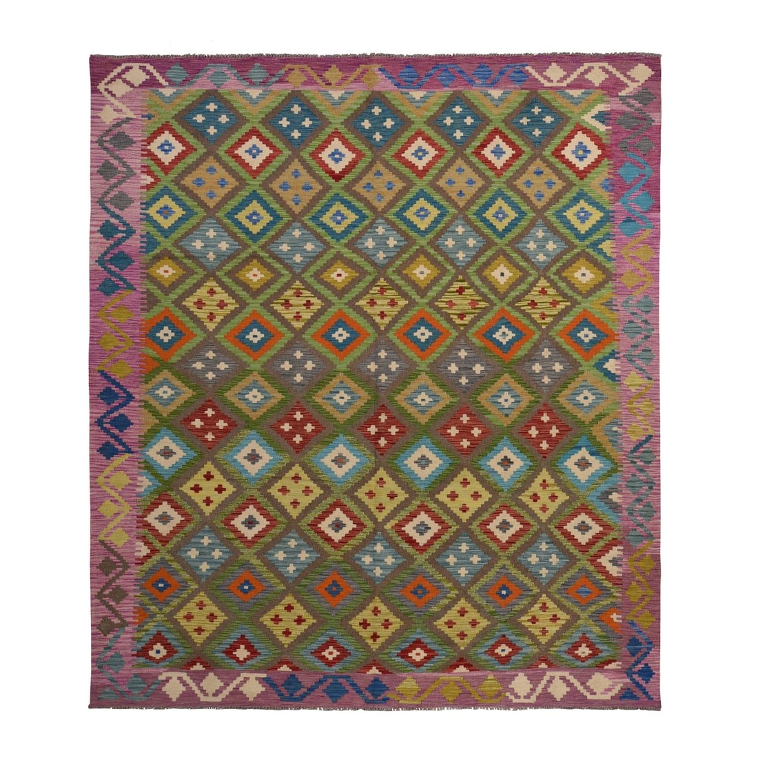 Rug 8'4"x9'10" Pickle Green 100% Wool Afghan Kilim Flat Weave Hand Woven (1 of 9)