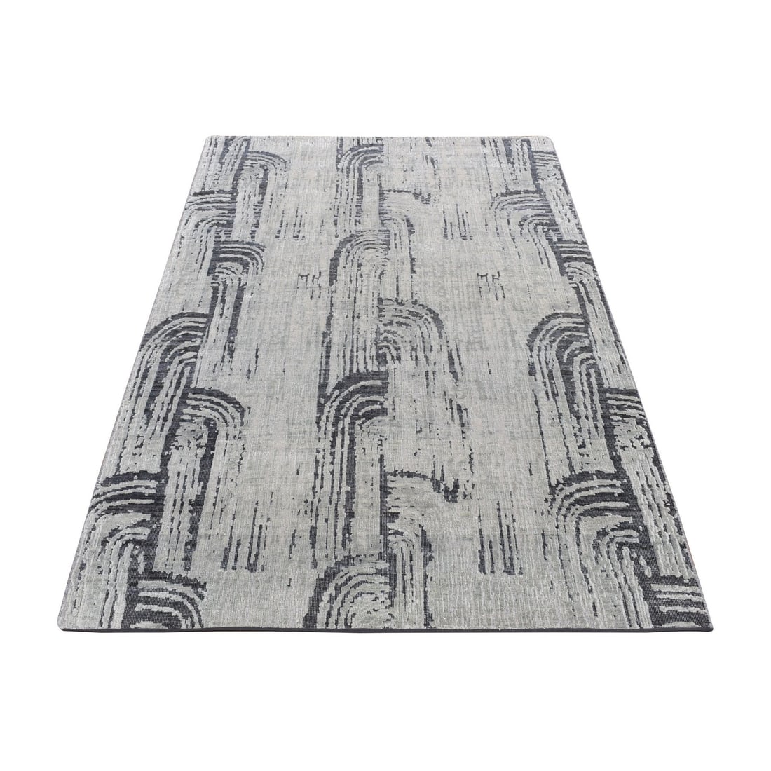 Rug 4'x6'3" Ash Gray The Cane Design Pure Silk With Wool Hand Knotted (1 of 7)