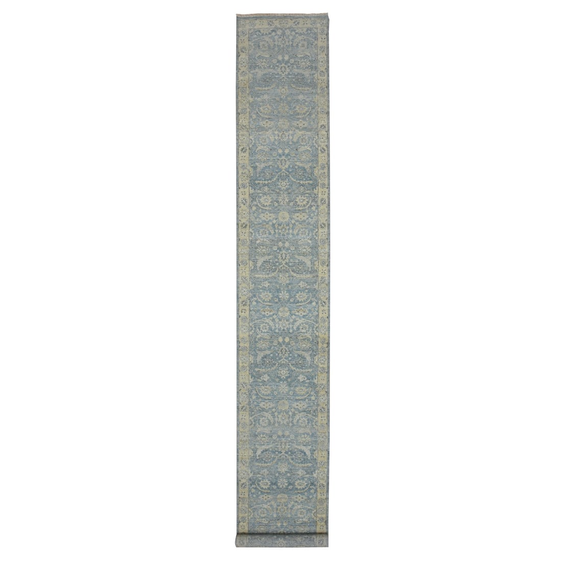Runner 2'5"x17'10" Blue Hand Knotted Sickle Leaf Design Pure Wool Zero Pile (1 of 7)