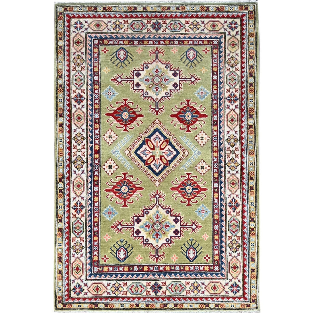 Rug 4'1"x5'10" Green Natural Dyes Soft Wool Hand Knotted Kazak Oriental (1 of 7)