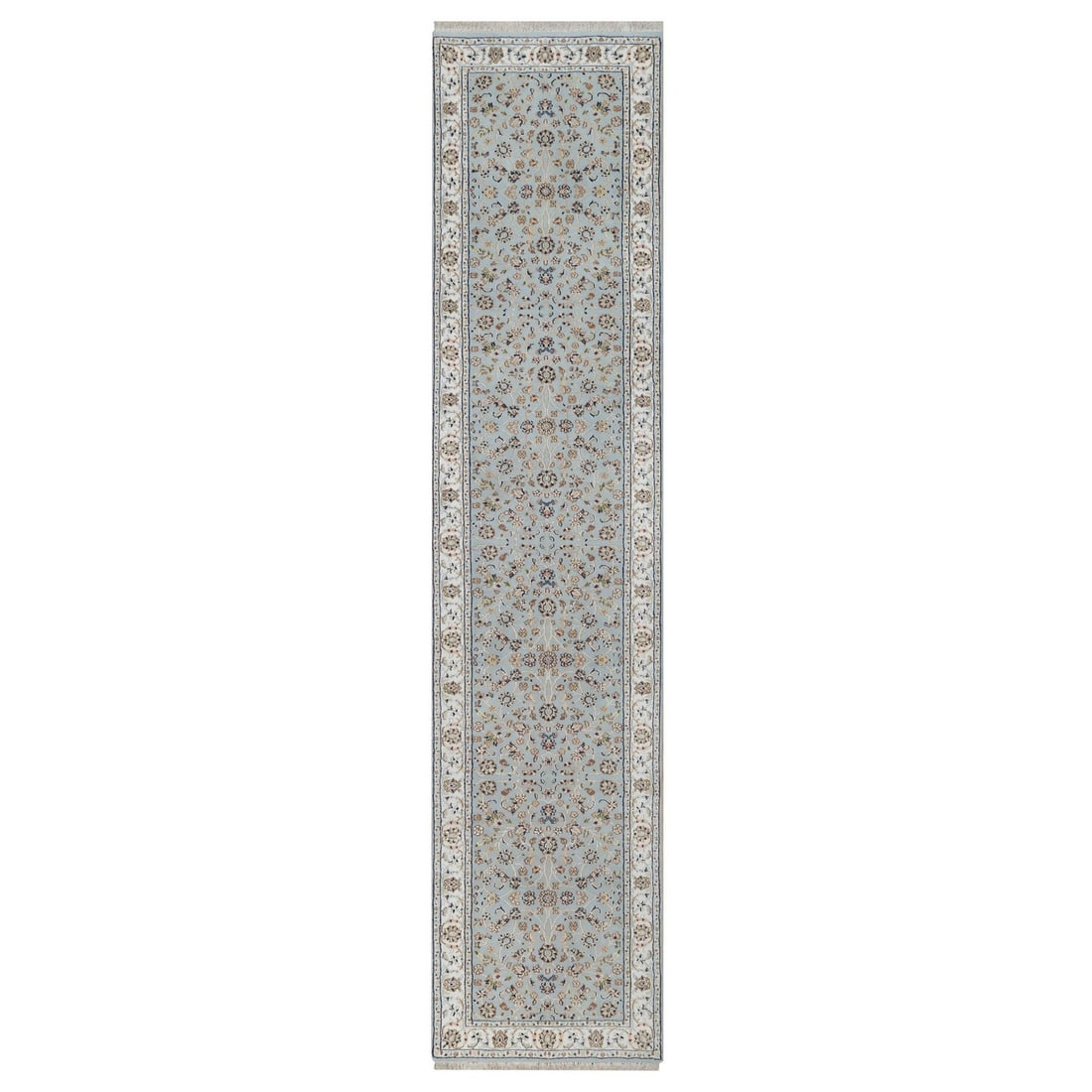 Rug 2'9"x12'2" Light Blue Hand Knotted Nain Wool & Silk Runner Oriental: Rug 2'9"x12'2" Light Blue Hand Knotted Nain Wool & Silk Runner Oriental This listing features Rug 2'9"x12'2" Light Blue Hand Knotted Nain Wool & Silk Runner Oriental. Item specifics are provided below