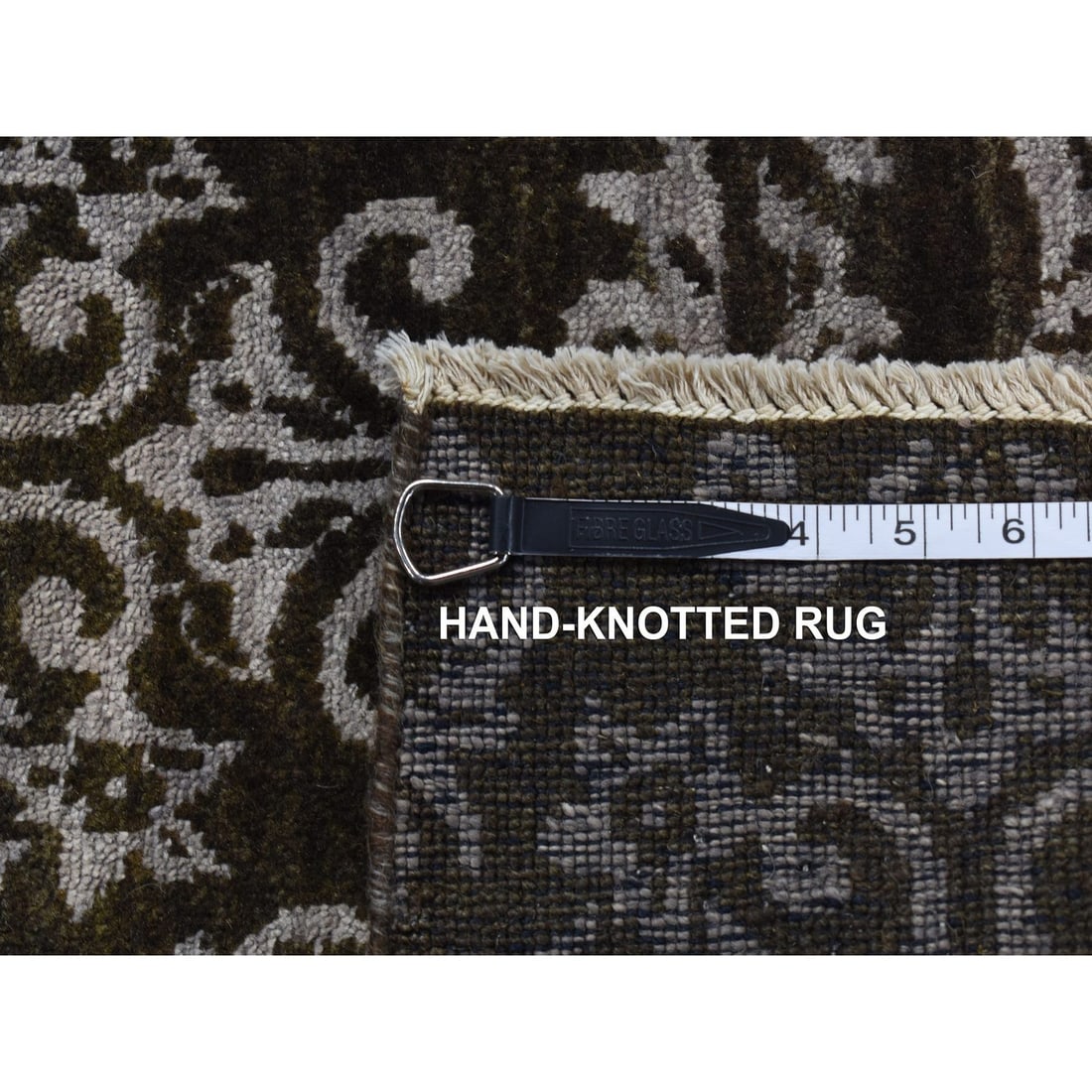 Rug 2'4"x9'8" Green Abarasque Motif Design Wool and Silk Handmade Runner - 7