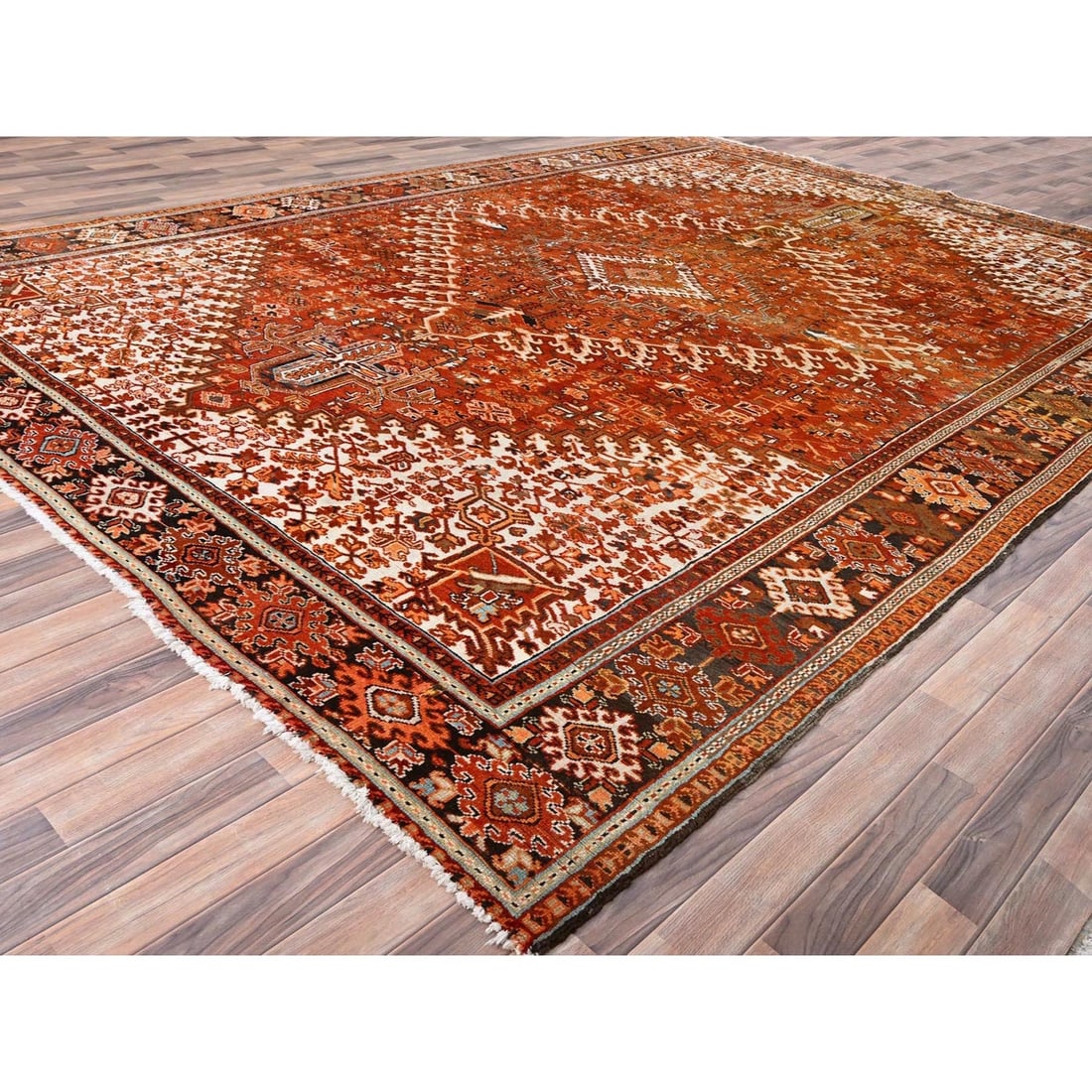 Rug 10'2"x13' Orange Semi Antique Zoroastrian Heris Worn Wool Handknotted - 4