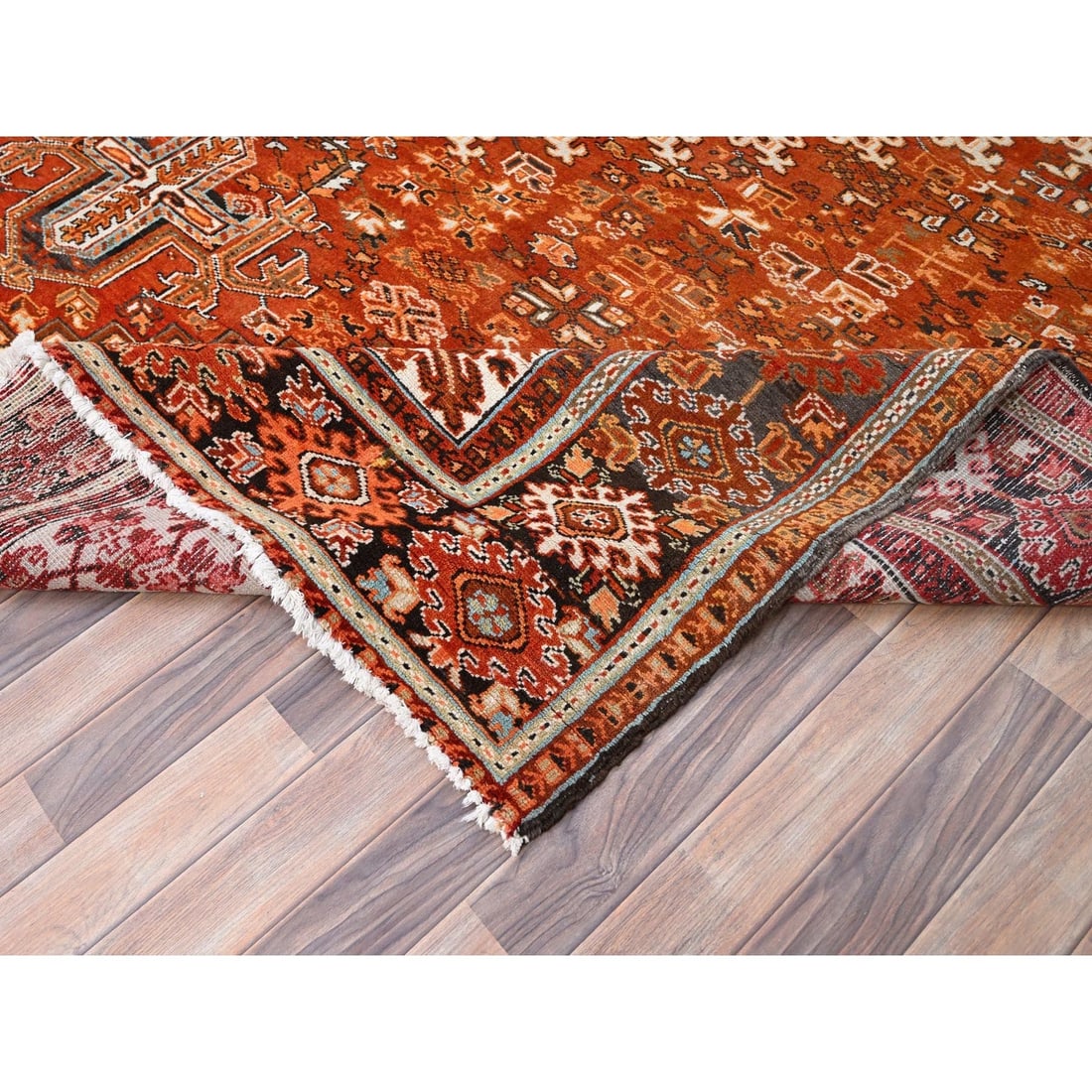 Rug 10'2"x13' Orange Semi Antique Zoroastrian Heris Worn Wool Handknotted - 7
