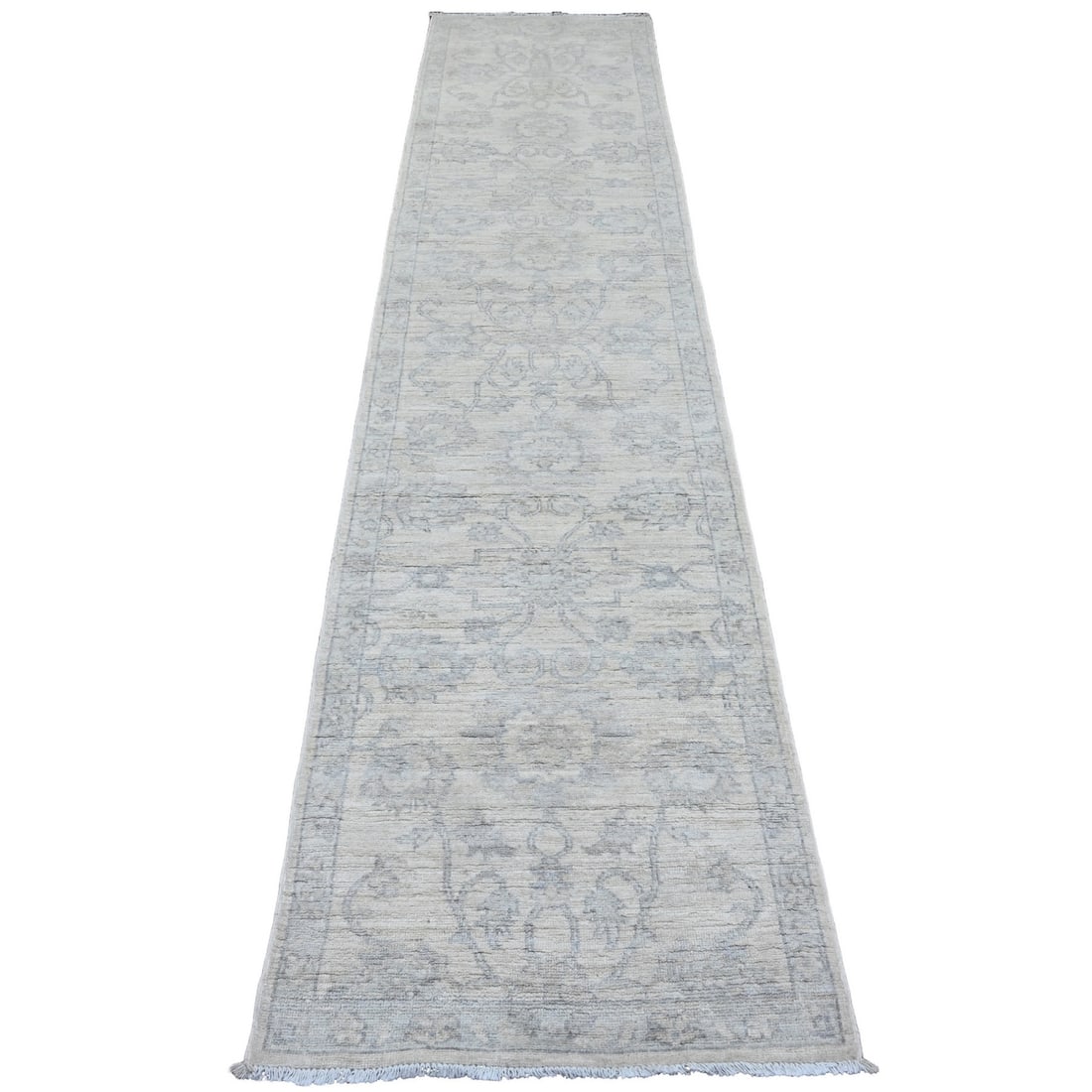 Rug 2'5"x11'1" White Washed Peshawar Leaf Design Hand Knotted Wool Runner (1 of 6)