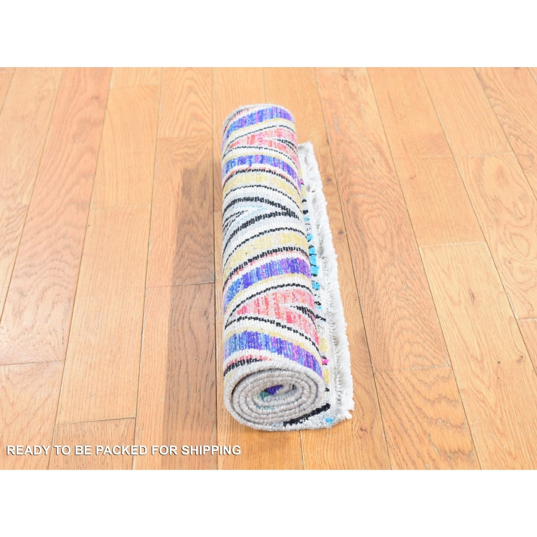 Rug 2'x3'3" Red Hand Knotted Chevron Design Sari Silk with Textured Wool - 7