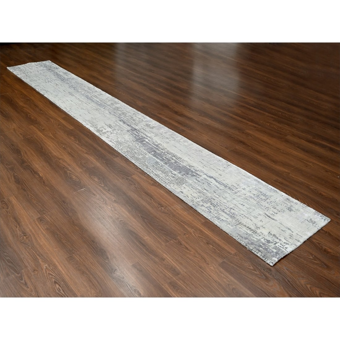 Rug 2'5"x18' Rustic Gray Wool and Silk Hand Knotted Abstract XL Runner - 2