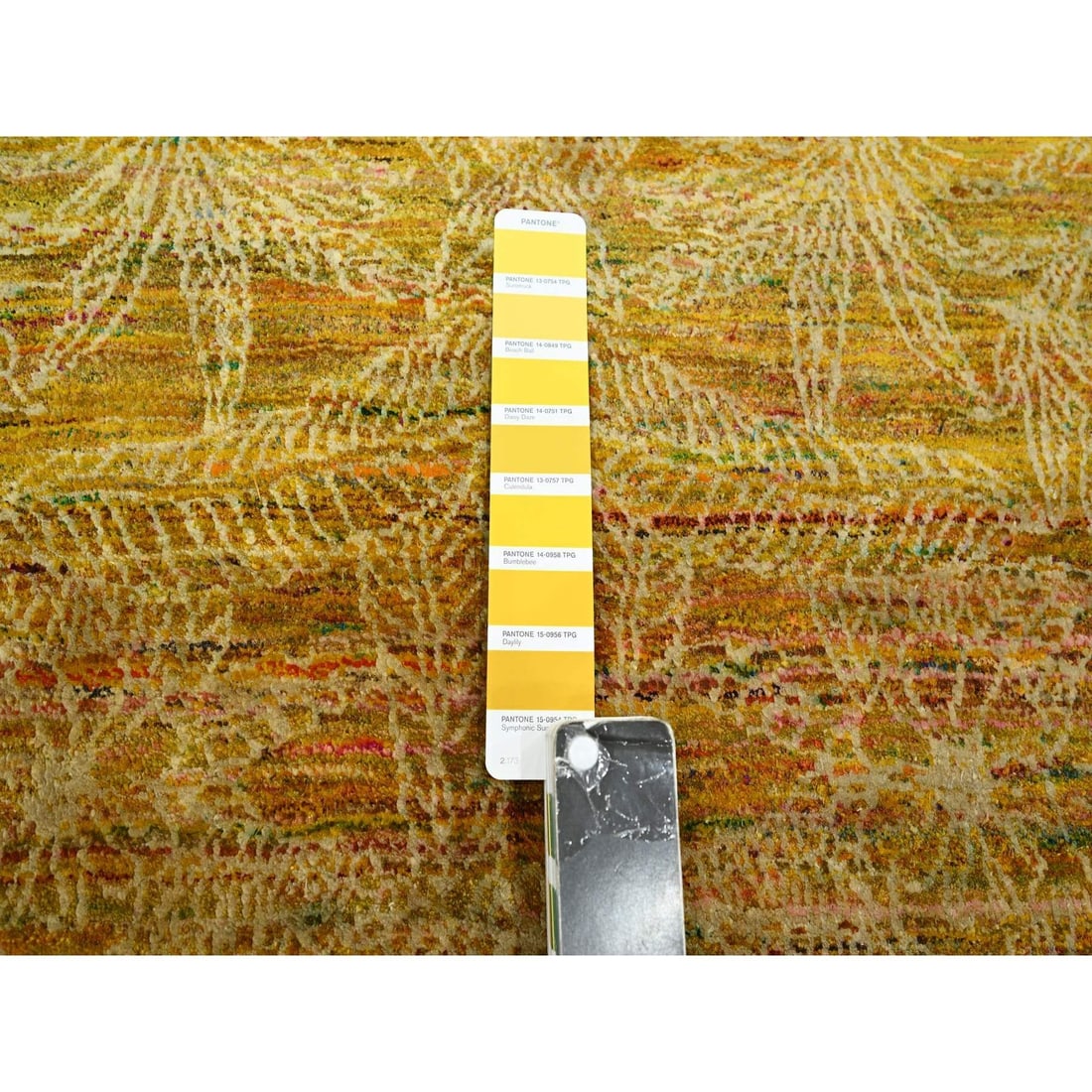 Rug 8'x9'3" Golden Brown with Green Modern Design Sari Silk Hand Knotted - 7