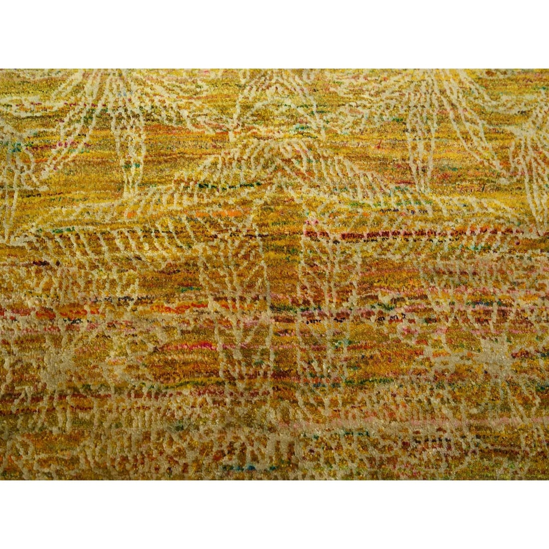 Rug 8'x9'3" Golden Brown with Green Modern Design Sari Silk Hand Knotted - 8