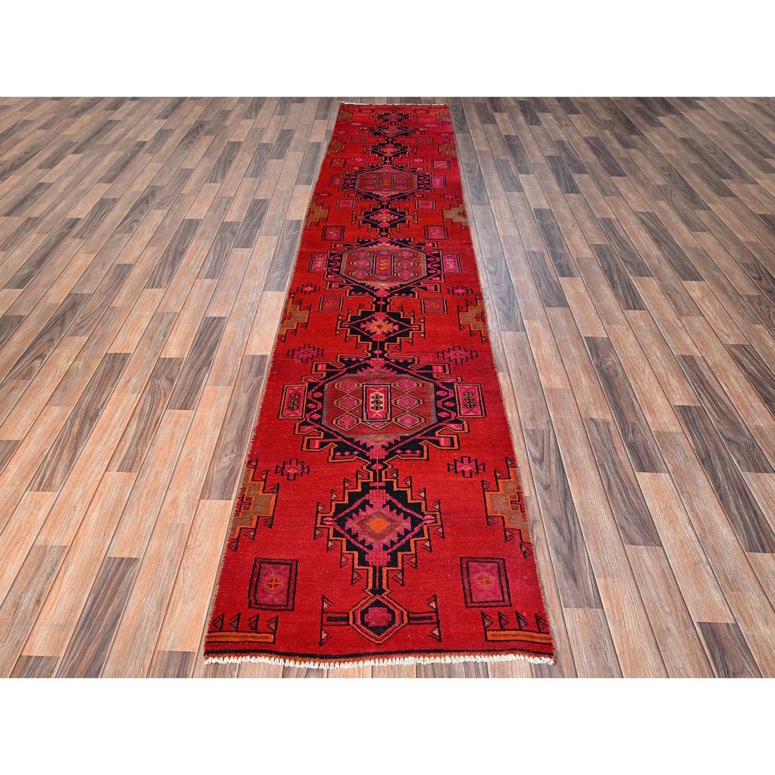 Runner 2'7"x12' Red Worn Out Vintage Zoroastrian Khamadan Hand Knotted Wool - 2