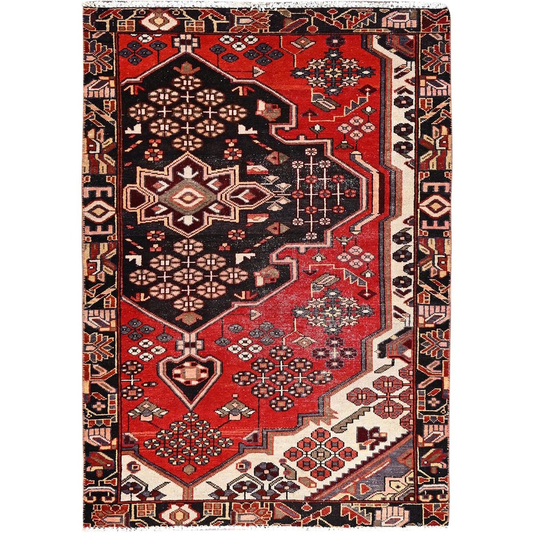Rug 3'2"x4'10" Red Vintage Zoroastrian Bakhtiari Worn Wool Clean Oriental (1 of 7)