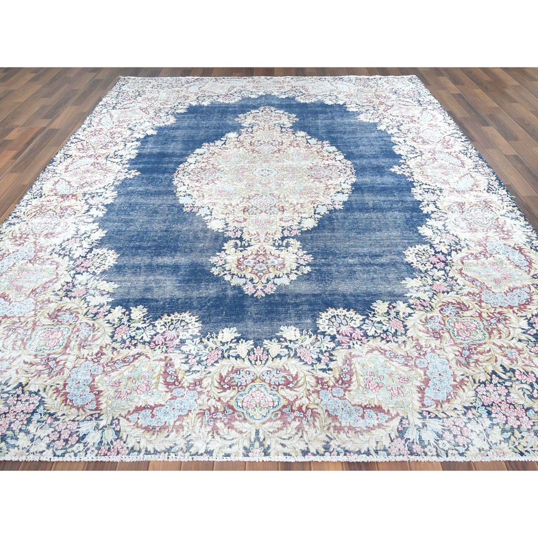 Rug - 8'6"x11'2" Worn Wool - Hand Knotted - Blue - Vintage Farsian Karman - 3