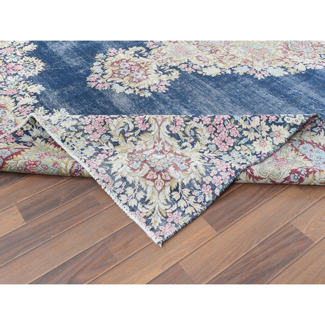 Rug - 8'6"x11'2" Worn Wool - Hand Knotted - Blue - Vintage Farsian Karman - 7