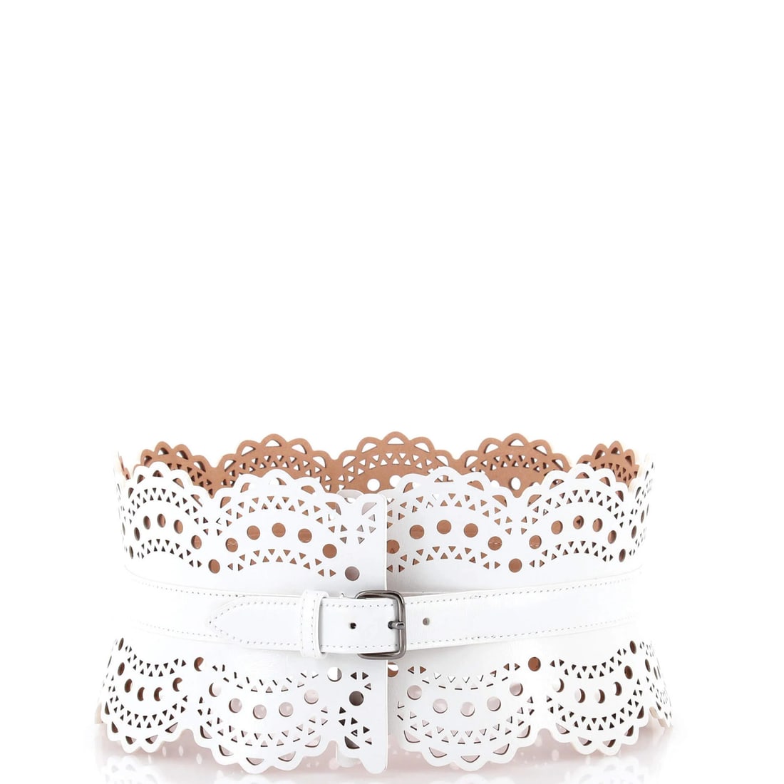 Wide Alaia Waist Belt Laser Cut Leather: Wide Alaia Waist Belt Laser Cut Leather This listing features Wide Alaia Waist Belt Laser Cut Leather. Item specifics are provided below. Item Specifics: Brand: Alaia Color: White Size: Wide Type:
