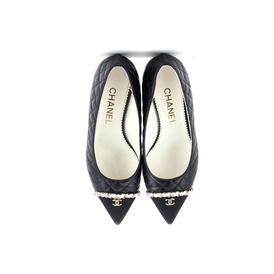 Grosgrain Chanel Women's CC Chain Pointed Cap Toe Pumps Quilted Leather with - 2