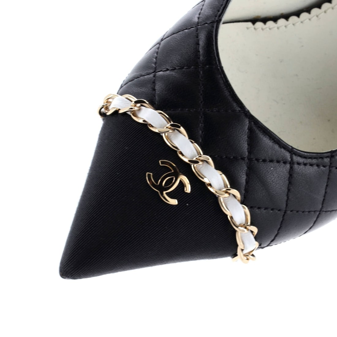 Grosgrain Chanel Women's CC Chain Pointed Cap Toe Pumps Quilted Leather with - 5