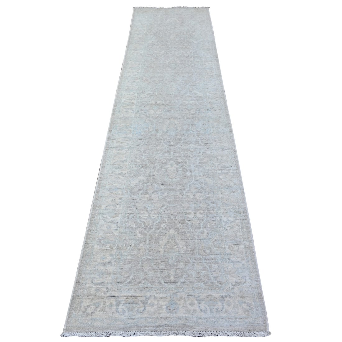 Rug 2'6"x10'3" Gray Soft Wool White Wash Peshawar Hand Knotted Runner (1 of 6)