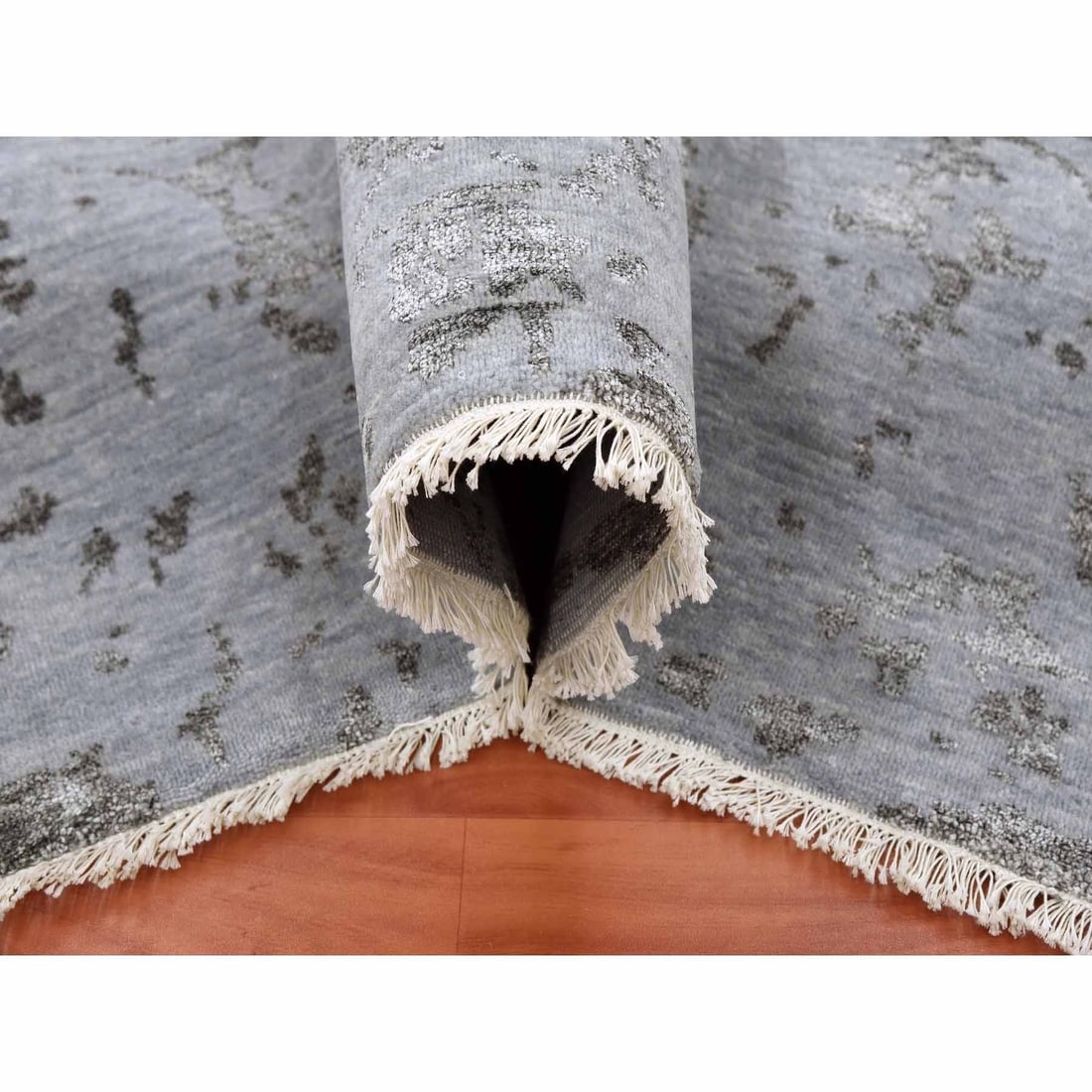 Rug 8'10"x11'9" Gray Wool and Silk Hand Knotted Zoroastrian Tebraz Design - 6