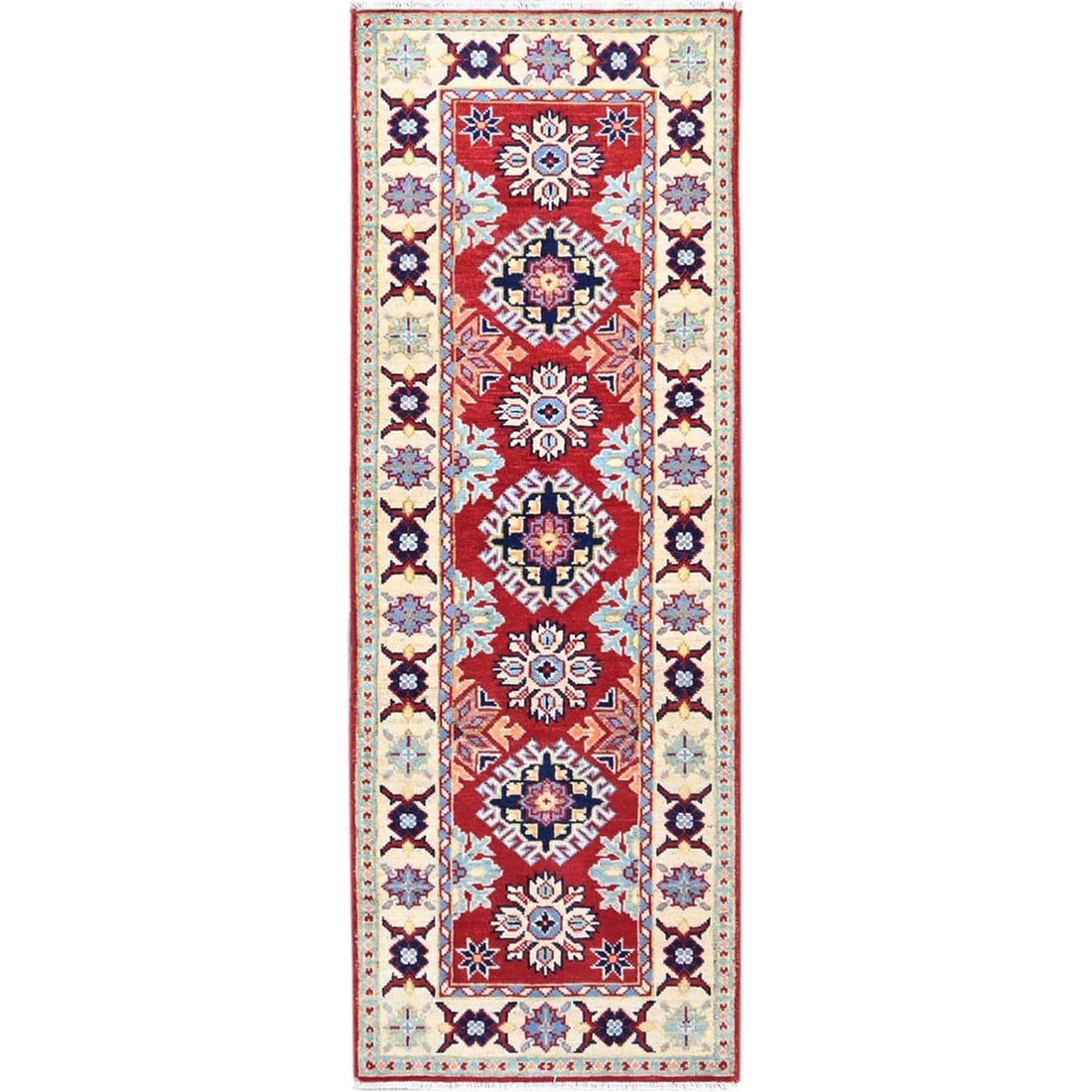 Rug 2'1"x6' Scarlet Red Kazak Design Wool Oriental Hand Knotted Runner: Rug 2'1"x6' Scarlet Red Kazak Design Wool Oriental Hand Knotted Runner This listing features Rug 2'1"x6' Scarlet Red Kazak Design Wool Oriental Hand Knotted Runner. Item specifics are provided below.