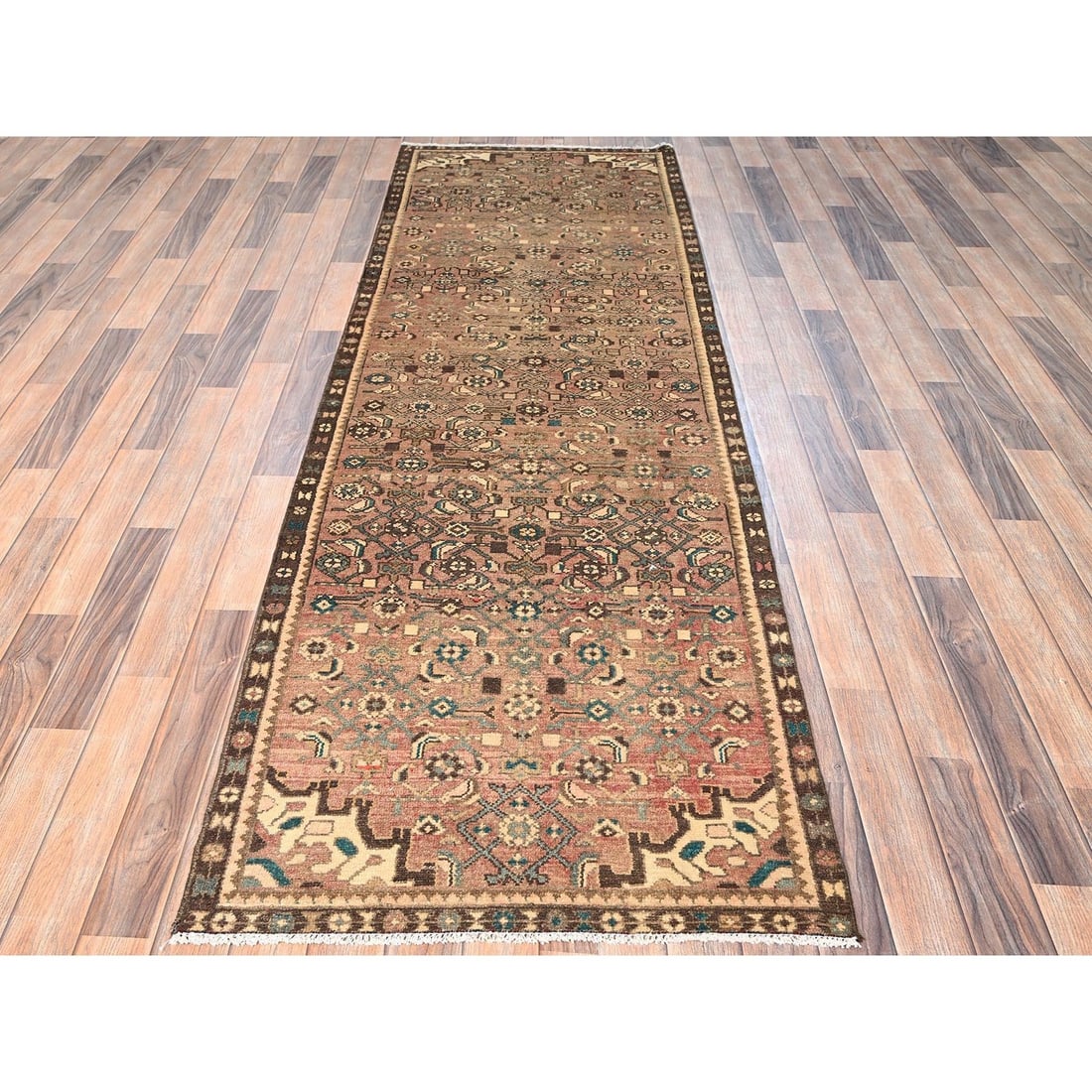 Rug 3'x9'3" Brown Zero Pile Vintage Zoroastrian Wool Hand Knotted Runner - 2