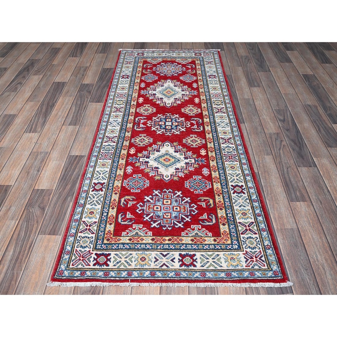 Rug 2'7"x6'5" Red Kazak with Geometric Design Soft Wool Hand Knotted Runner - 2