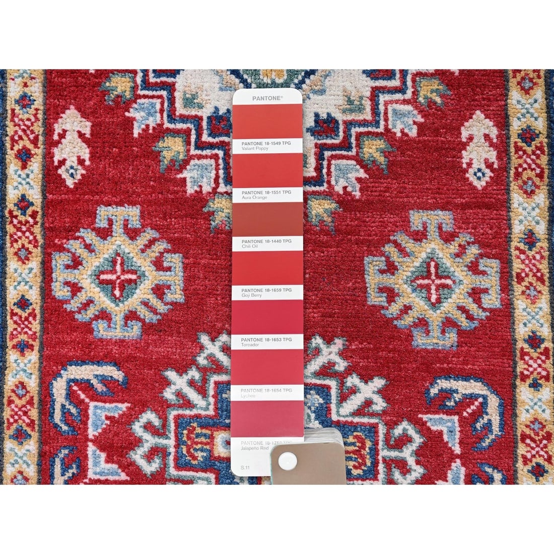 Rug 2'7"x6'5" Red Kazak with Geometric Design Soft Wool Hand Knotted Runner - 4