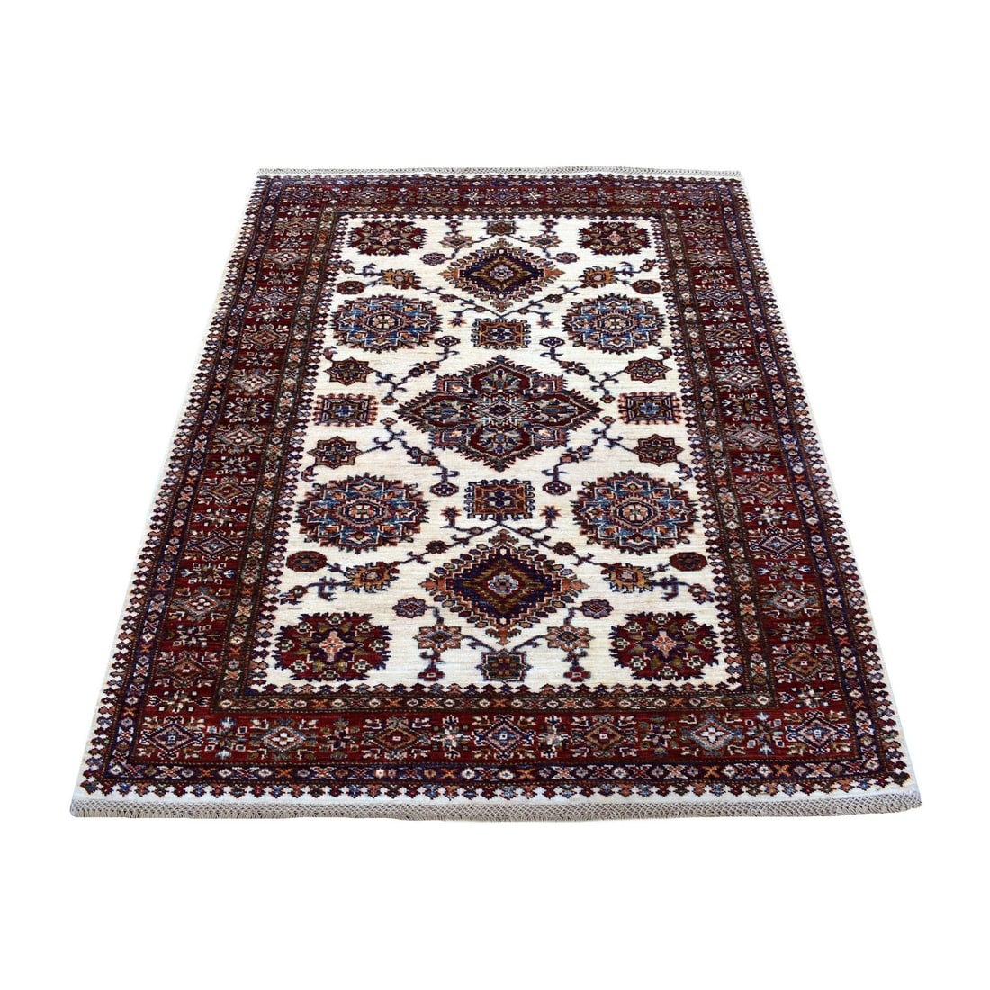 Rug 3'10"x5' Ivory with Red Super Kazak Tribal Design Hand Knotted Wool: Rug 3'10"x5' Ivory with Red Super Kazak Tribal Design Hand Knotted Wool This listing features Rug 3'10"x5' Ivory with Red Super Kazak Tribal Design Hand Knotted Wool. Item specifics are provided