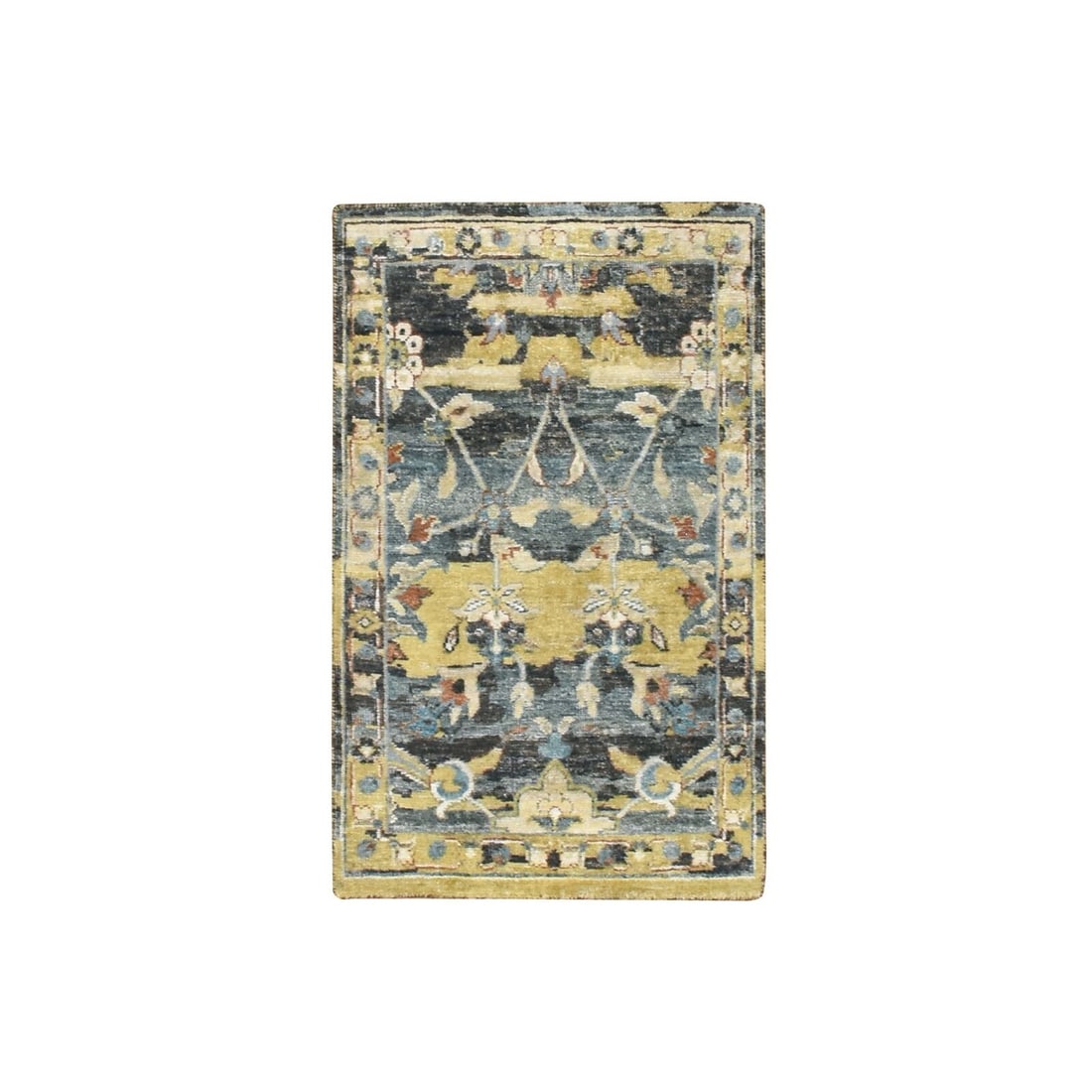 Rug 2'x3'3" Blue with Yellow Zoroastrian Design Hand Knotted Wool Sample (1 of 5)