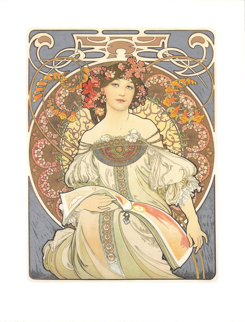 Nouveau ALPHONSE MUCHA Reverie 27" x 20.75" Mixed Media 2010 Art (1 of 4)