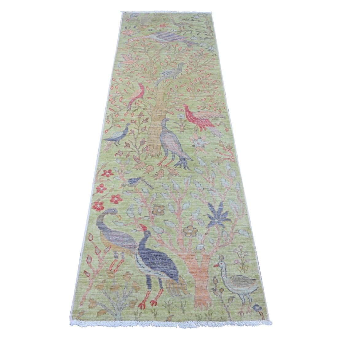 Rug 2'4"x7'9" Green Hand Knotted Afghan Peshawar Birds Design Wool Runner (1 of 6)