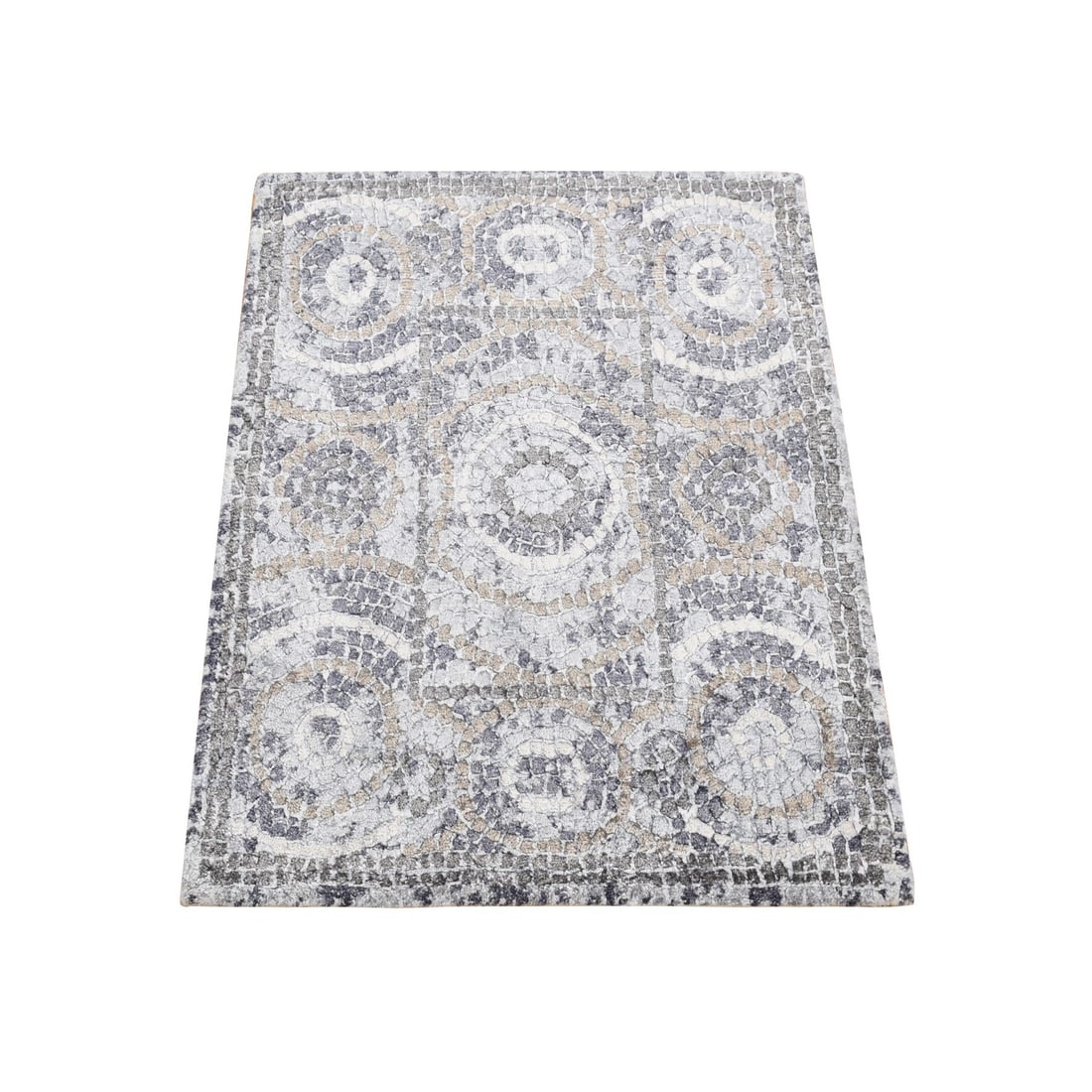 Rug 2'2"x3' Gray Silken Roman Mosaic Design Hand Knotted Sample Mat (1 of 9)