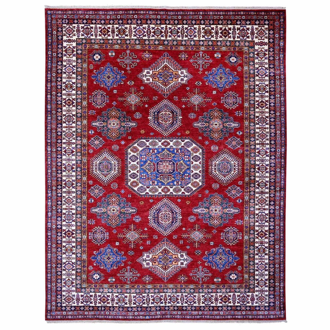 Rug 9'1"x11'9" Crimson Red Afghan Super Kazak with Hand Knotted Pure Wool: Rug 9'1"x11'9" Crimson Red Afghan Super Kazak with Hand Knotted Pure Wool This listing features Rug 9'1"x11'9" Crimson Red Afghan Super Kazak with Hand Knotted Pure Wool. Item specifics are provided