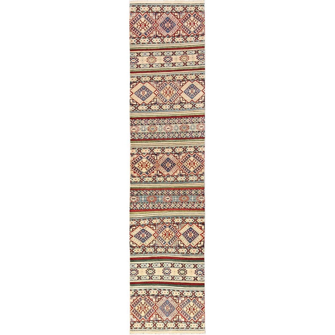 Rug 2'10"x13' Ivory Kazak with Geometric Pattern Hand Knotted Wool Runner: Rug 2'10"x13' Ivory Kazak with Geometric Pattern Hand Knotted Wool Runner This listing features Rug 2'10"x13' Ivory Kazak with Geometric Pattern Hand Knotted Wool Runner. Item specifics are provided