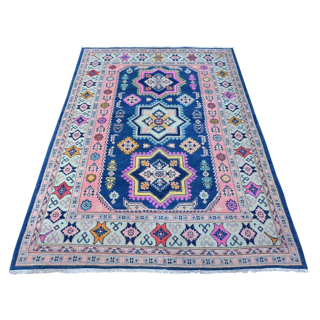 Rug 5'x6'10" Lowes Blue Multiple Borders Vibrant Fusion Kazak Oriental (1 of 6)