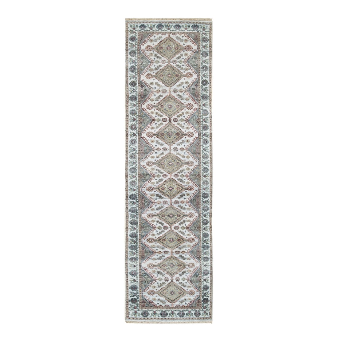Rug 2'7"x9'9" Ivory All Wool Rosettes Border Runner Hand Knotted Oriental (1 of 8)