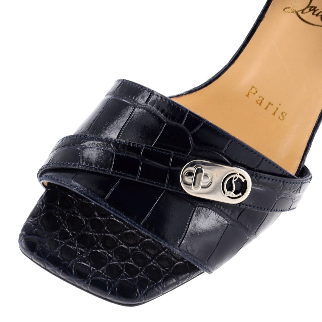 55 Christian Louboutin Women's Lock Art Heeled Mules Crocodile Embossed Leather - 5