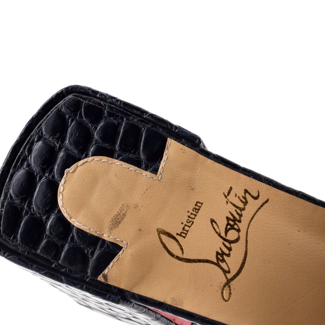 55 Christian Louboutin Women's Lock Art Heeled Mules Crocodile Embossed Leather - 6