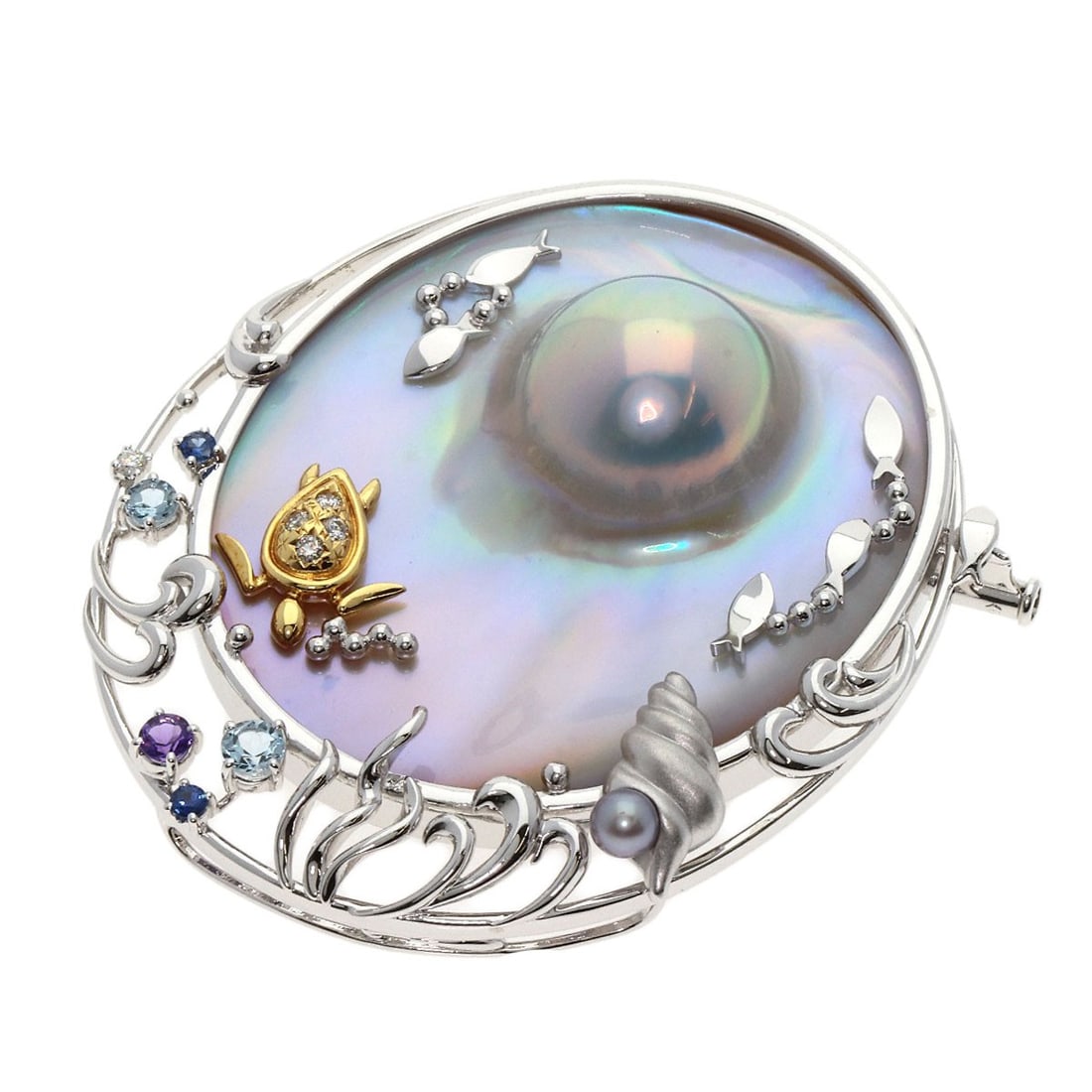 Gold TASAKI Mabe Pearl Sea Motif Color Stone Brooch K18 White (1 of 9)