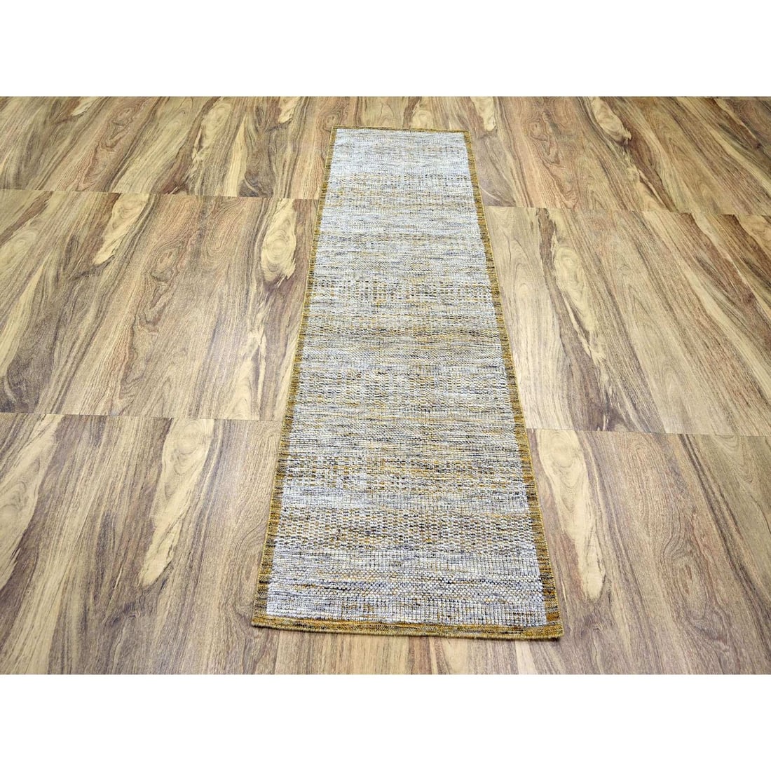 Runner 2'8"x8'2" Yellow Hand Knotted Rug Distressed Grass Design Pure Wool - 2