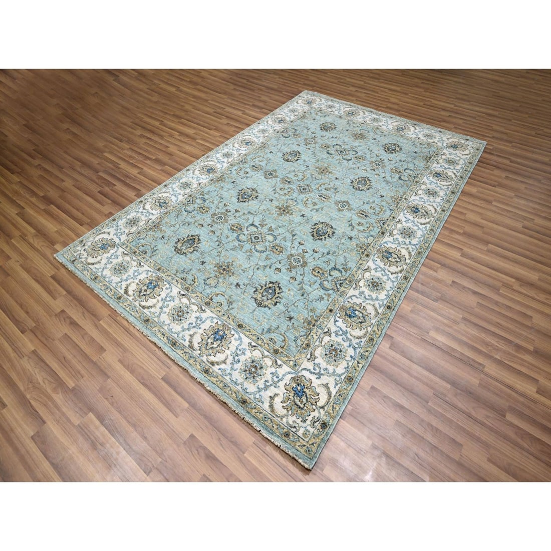 Rug 6'x9'1" Baby Blue Hand Knotted Agra Shah Abbas Vines Design Pure Wool - 3
