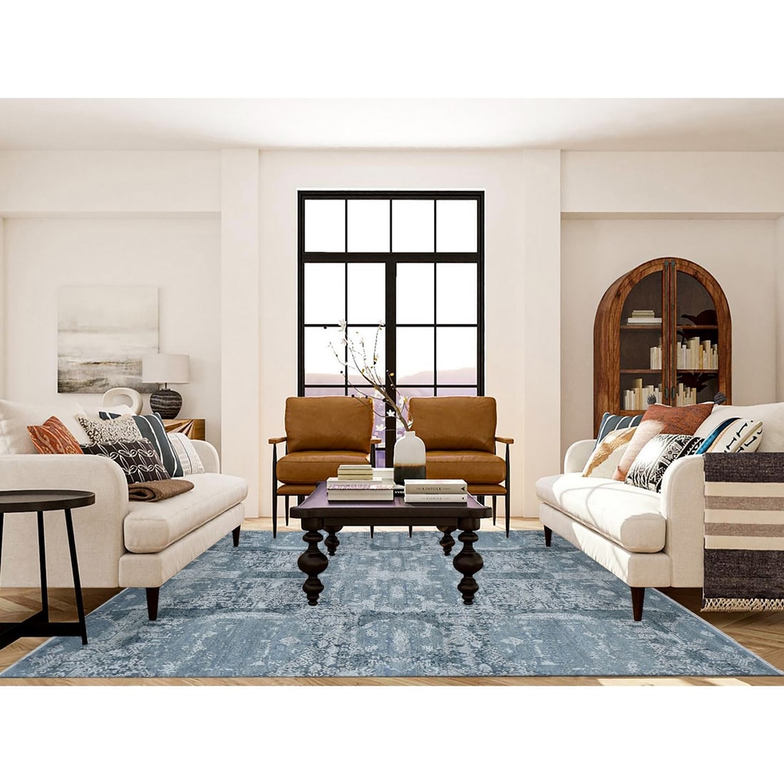 Rug 7'10"x10' Cloud Gray Wool and Pure Silk Jewellery Design Hand Knotted - 2