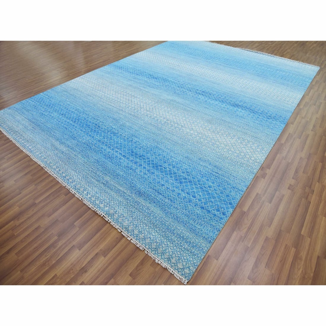 Rug 10'x14'3" Blue Pure Wool Hand Knotted Modern Chiaroscuro Collection - 3