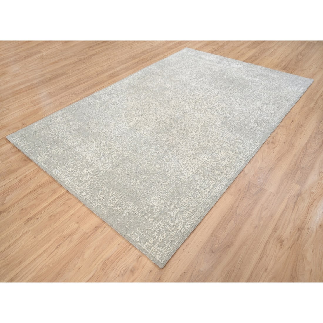 Rug 6'x9'2" Beige Plant Based Silk and Wool Hand Loomed Fine Jacquard - 4