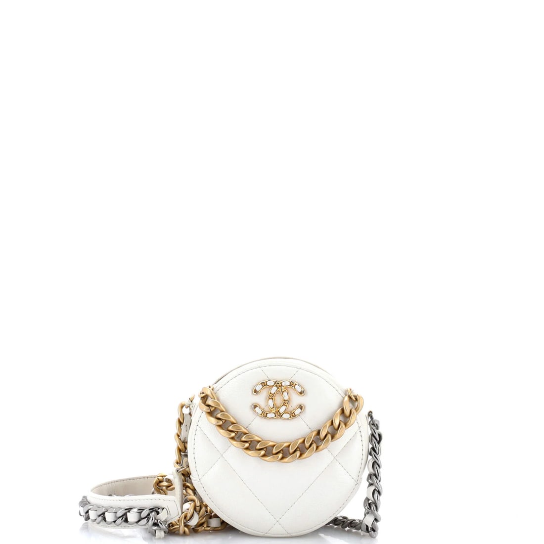 Leather Chanel 19 Round Clutch with Chain Quilted: Leather Chanel 19 Round Clutch with Chain Quilted This listing features Leather Chanel 19 Round Clutch with Chain Quilted. Item specifics are provided below. Item Specifics: Brand: Chanel Exterior Mat