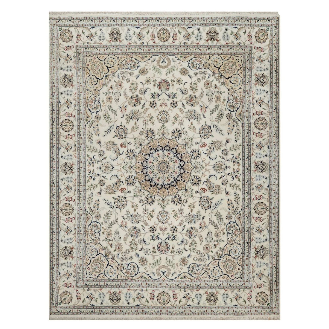 Design 8'x10'6" Ivory Hand Knotted Wool & Silk Rug Nain Flower Medallion (1 of 11)