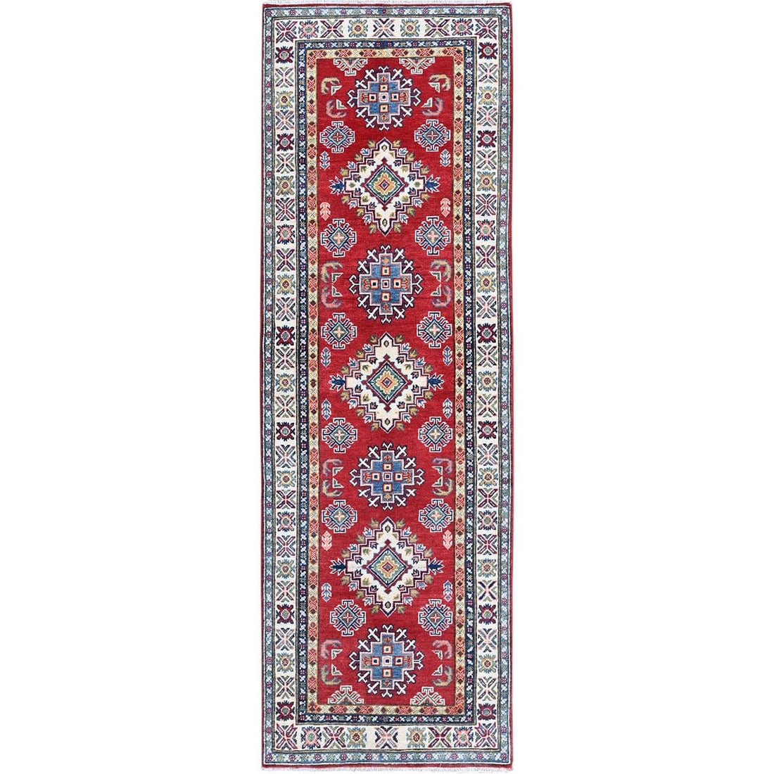 Rug 2'8"x8'2" Red Kazak with Medallions Design All Wool Hand Knotted Runner (1 of 7)
