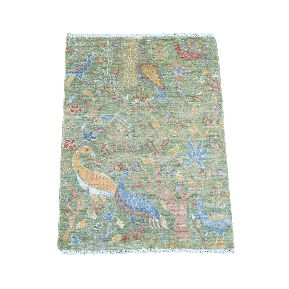 Mat 2'2"x3' Green Hand Knotted Rug Peshawar Birds of Paradise Design Wool (1 of 6)