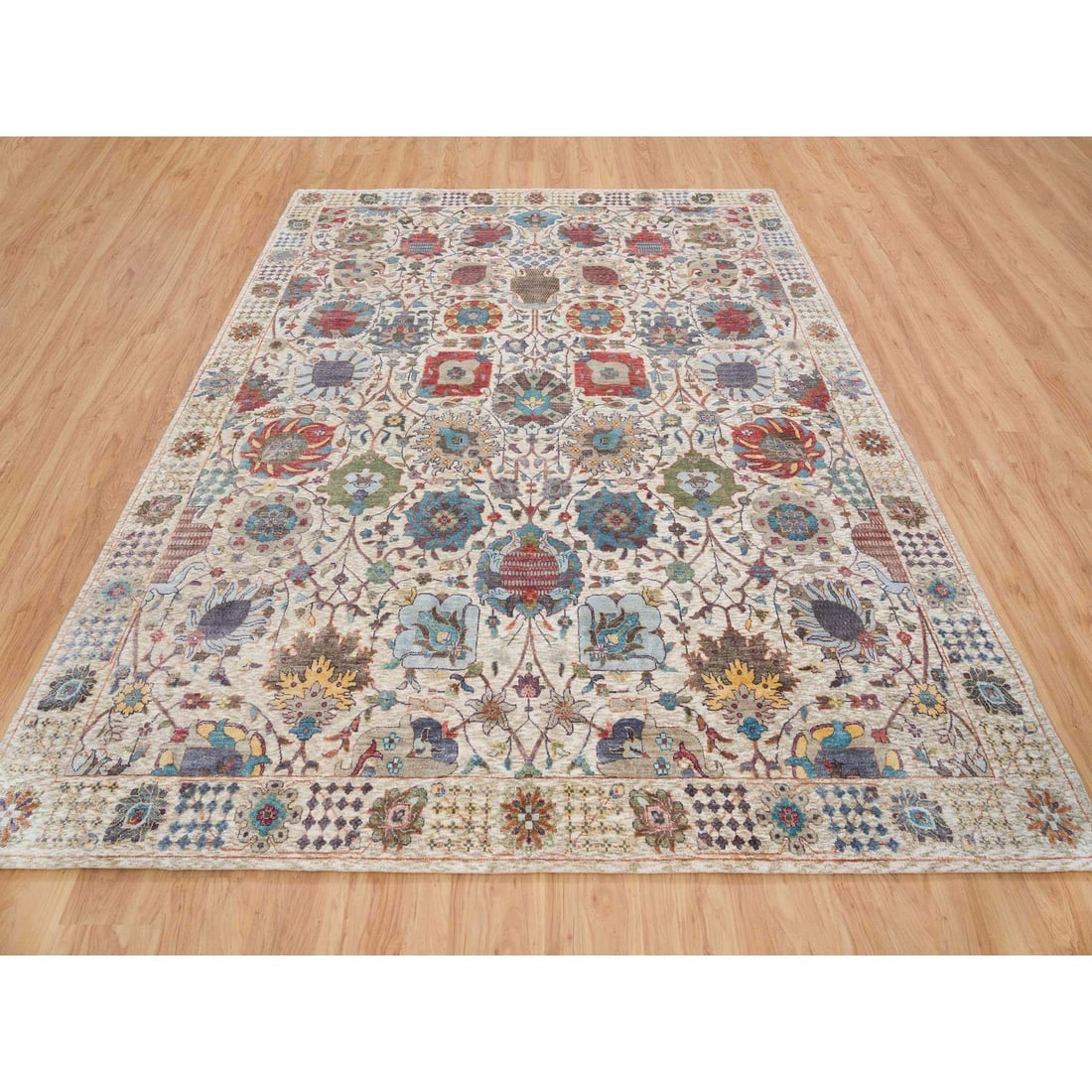 Rug 8'3"x10'3" Ivory Hand Knotted Tebraz Vase Silk With Wool - 3